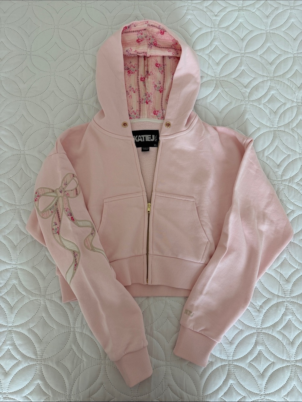 Katie J NYC Pink Cropped zip up Hoodie size YXL NWOT